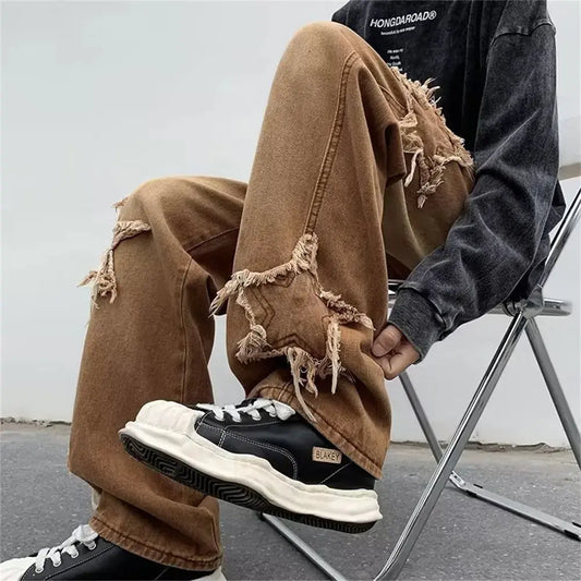 2022 New Fashion Stars Towel Embroidery Brown Baggy Men Jeans Pants Vivareflex Online