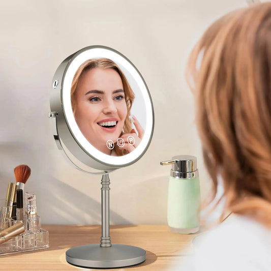 9" Large Makeup Mirror with Lights – 1X/10X Magnifying, 3 Color Dimmable, 360° Rotation, Matte Nickel - Vivareflex Online