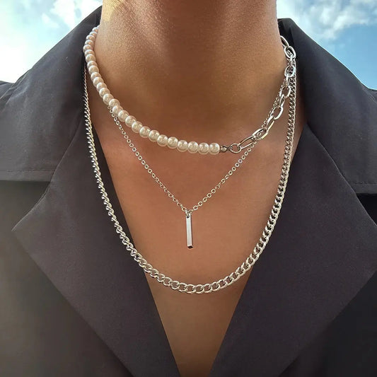 Ancient Geometric Pendant Necklace for Men with Half-Pearl Chain Choker Vivareflex Online