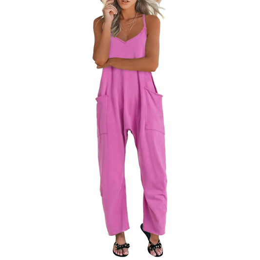 One Piece Jumpsuits for women V Neck Sleeveless Loose Fit overalls Spaghetti Strap Harem Long Pants with Pockets Purple Pink X-Large - Vivareflex Online