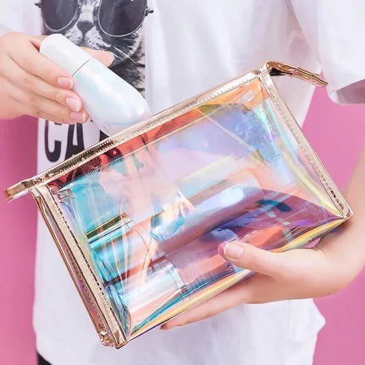 PVC Waterproof Transparent Cosmetic Bag Wash Toiletry Makeup Bag Organizer Female Girls Laser Color Zipper Make Up Beauty Case Ultimate Bag Store