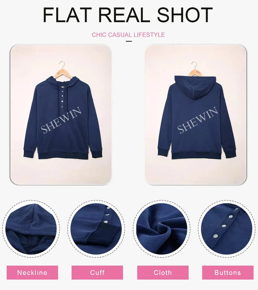 SHEWIN Women's Casual Hoodies Long Sleeve Solid Lightweight Pullover Tops Loose Sweatshirt with Pocket Button 3X-Large B Navy Blue - Vivareflex Online