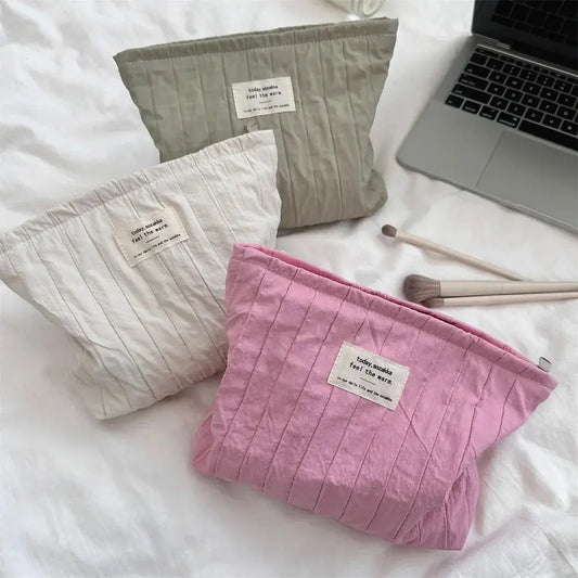 Simple Solid Color Striped Makeup Bag Women's Cosmetic Bag Makeup Case Female Travel Storage Bags Girls Clutch Purse Handbags Ultimate Bag Store