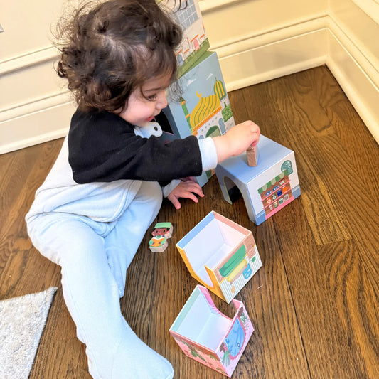 Stacking Houses (Set of 5 Houses and 3 Hardwood Characters) Lala + Mo