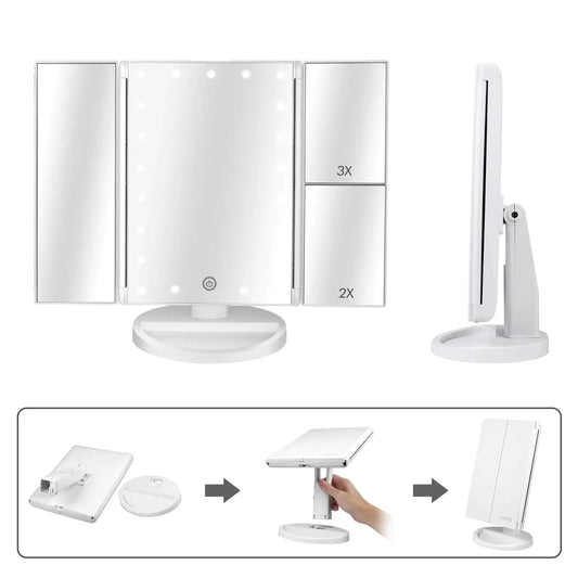 Tri-Fold Lighted Vanity Mirror with LED Lights & Magnification – Perfect for Travel & Home - Vivareflex Online