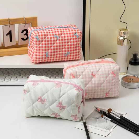 Women's Cosmetic Bags Bow Cute Cotton Makeup Bag Women Zipper Cosmetic Organizer Portable Toiletry Handbag Ultimate Bag Store