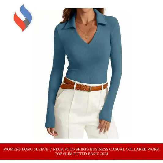 Womens Long Sleeve V Neck Polo Shirts Business Casual Collared Work Top Slim Fitted Basic 2024 by@Outfy