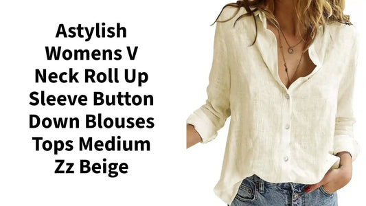 Astylish Womens V Neck Roll up Sleeve Button Down Blouses Tops Medium Zz Beige by@Outfy