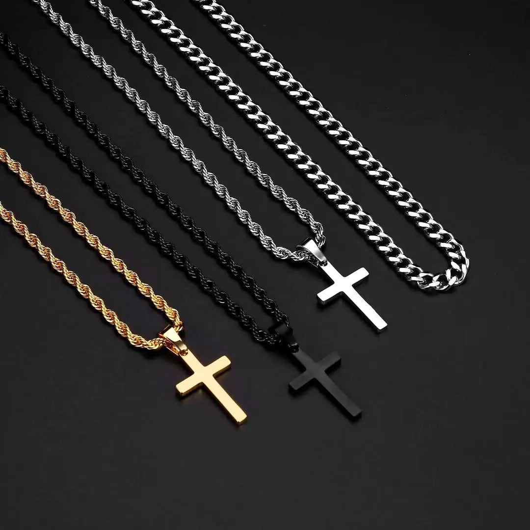 Ursteel Layered Cross Necklace for Men – 18K Gold, Silver, Black Stainless Steel – Elegant Rope Chain Cross Pendant, 16-24 Inch - Vivareflex Online