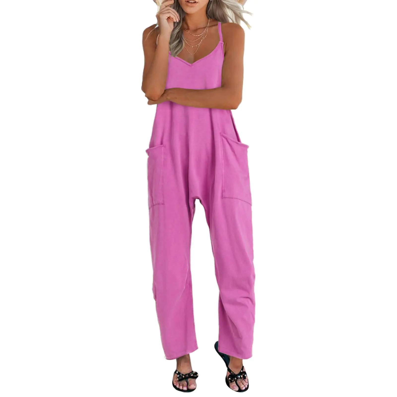 One Piece Jumpsuits for women V Neck Sleeveless Loose Fit overalls Spaghetti Strap Harem Long Pants with Pockets Purple Pink X-Large - Vivareflex Online