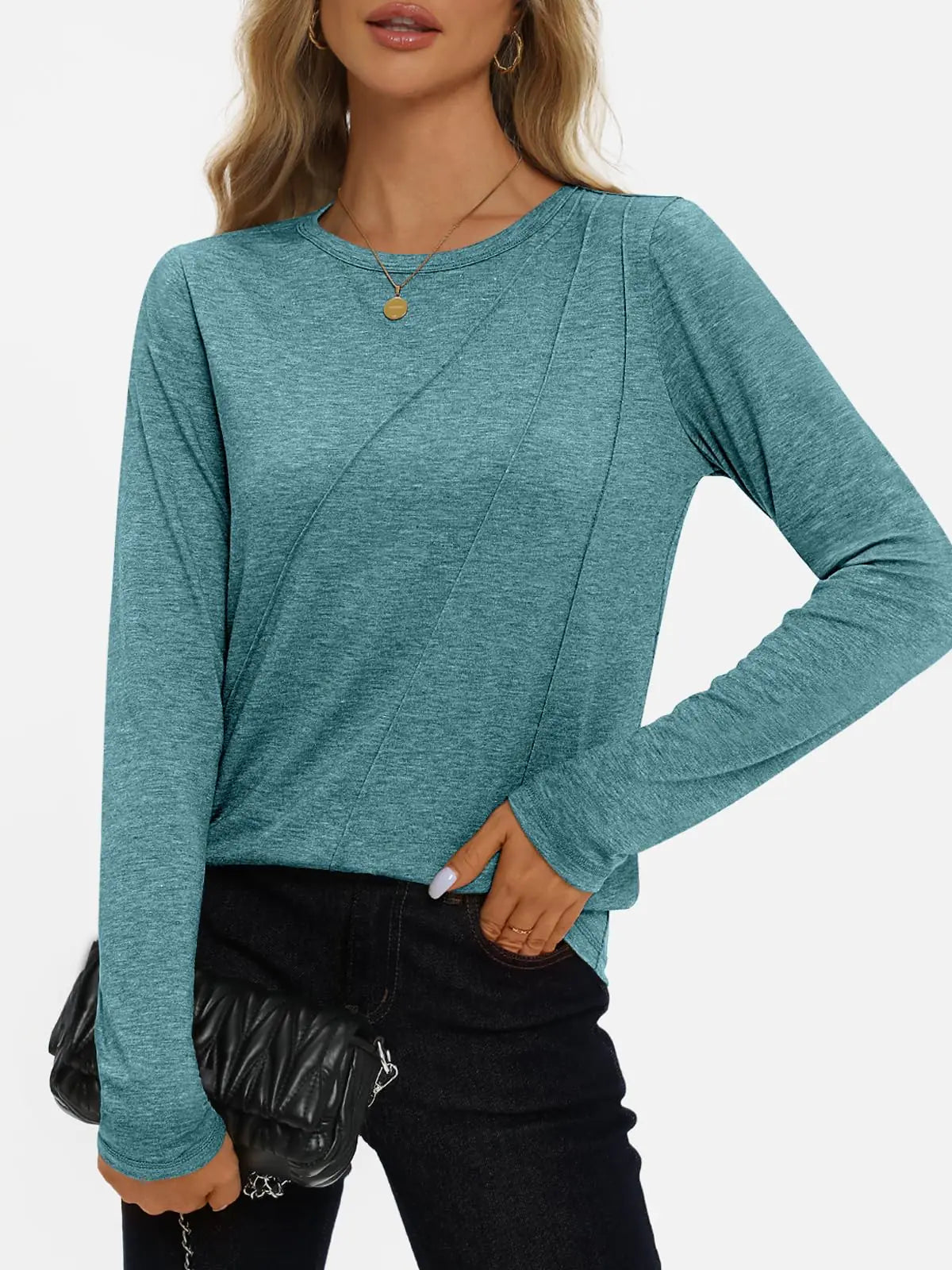 AUTOMET Womens Long Sleeve Shirts Pleated Crew Neck Casual Fall Fashion Tops - Vivareflex Online