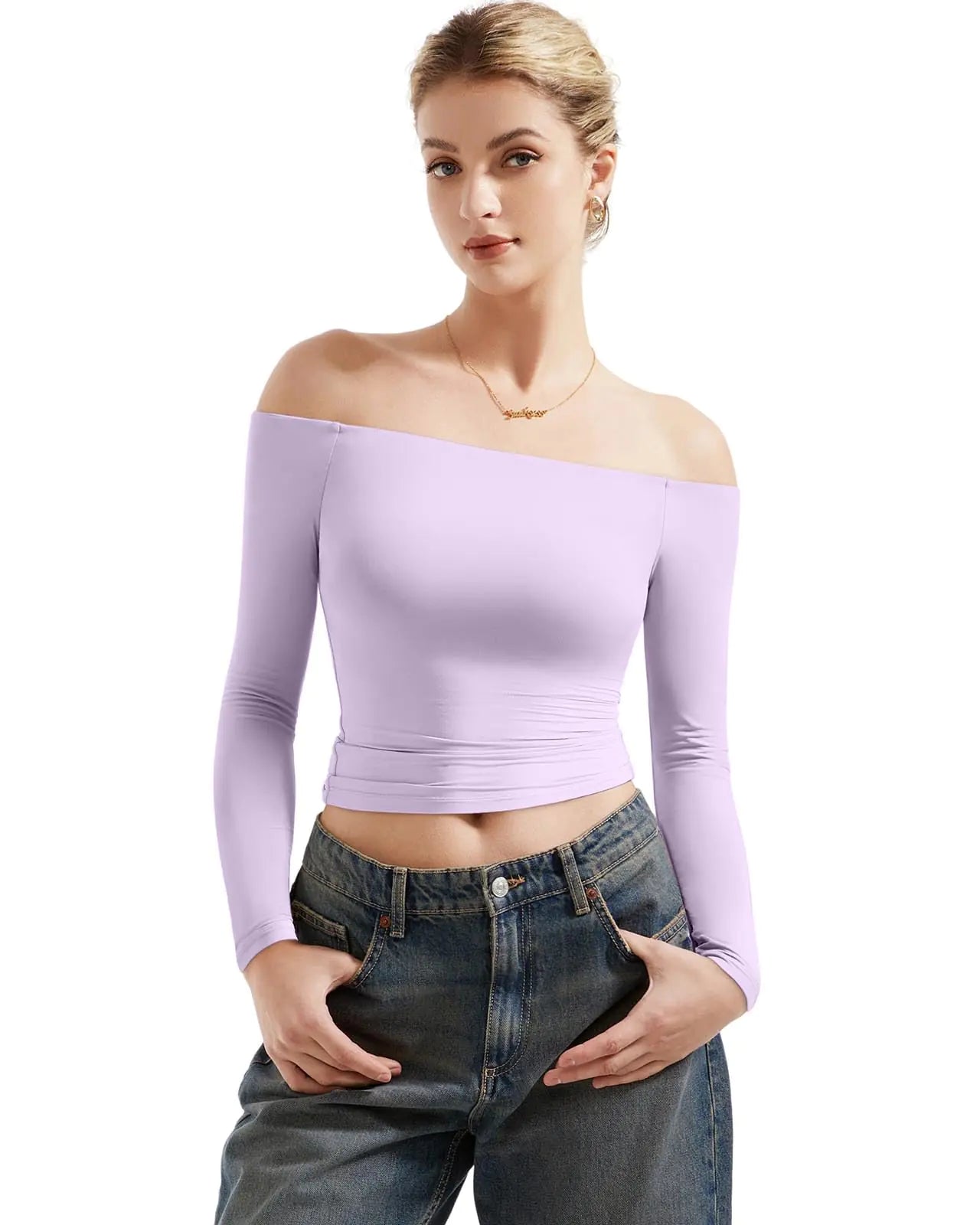 SUUKSESS Camisas de manga larga con doble forro y hombros descubiertos para mujer, blusas básicas para salir, talla X, color lila