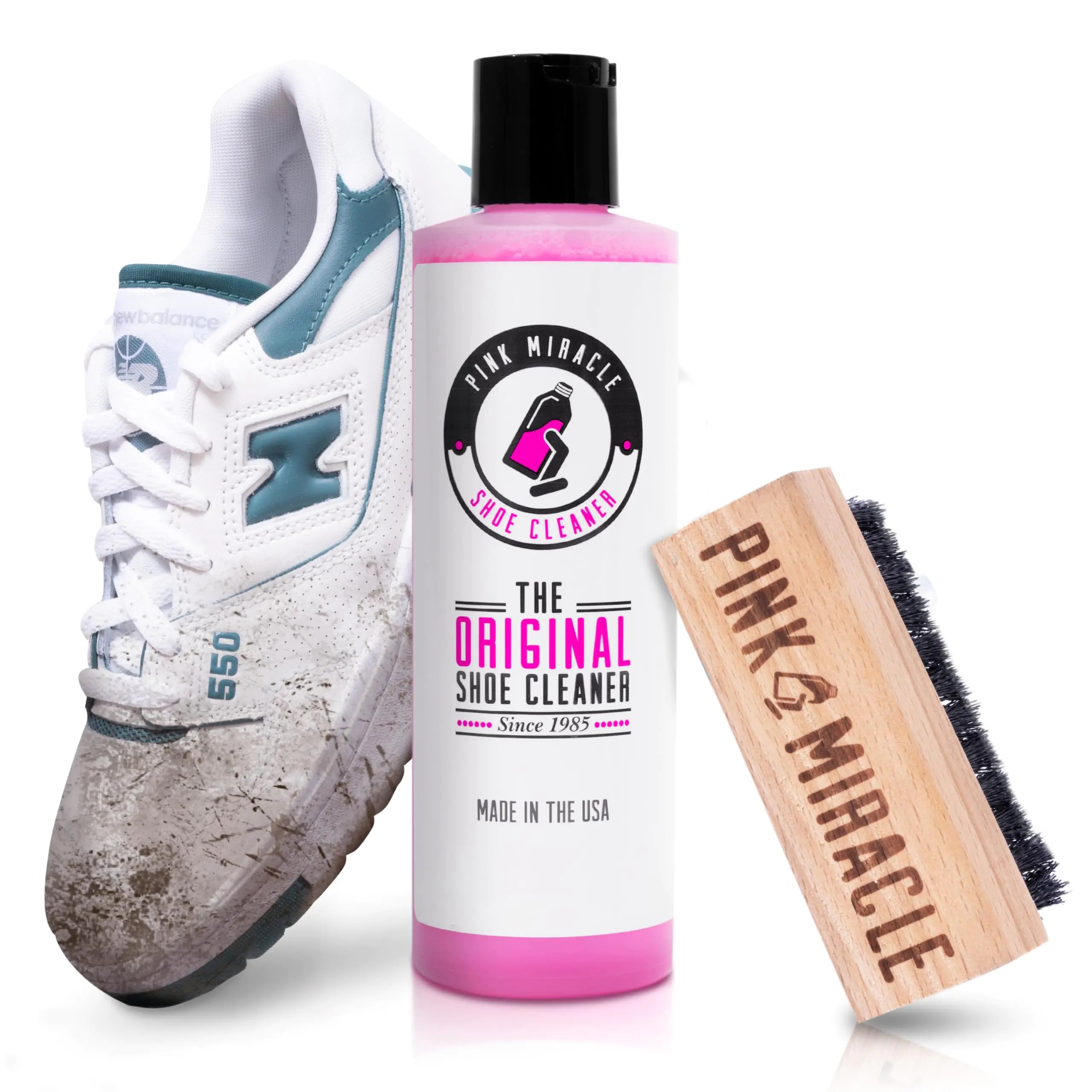 Kit limpiador de zapatos Pink Miracle con botella y cepillo para limpiar telas de cuero, zapatillas blancas, gamuza y nobuck, 8 oz 