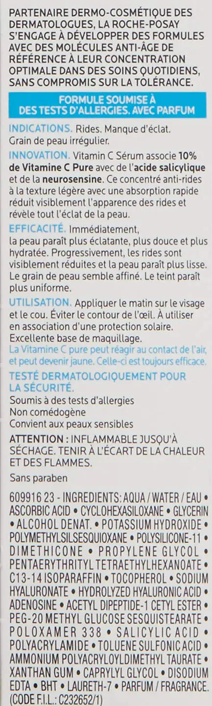 Sérum visage à la vitamine C pure de La Roche-Posay avec acide hyaluronique et acide salicylique, sérum visage anti-âge pour les rides et la texture irrégulière de la peau pour éclaircir et lisser visiblement. Convient aux peaux sensibles