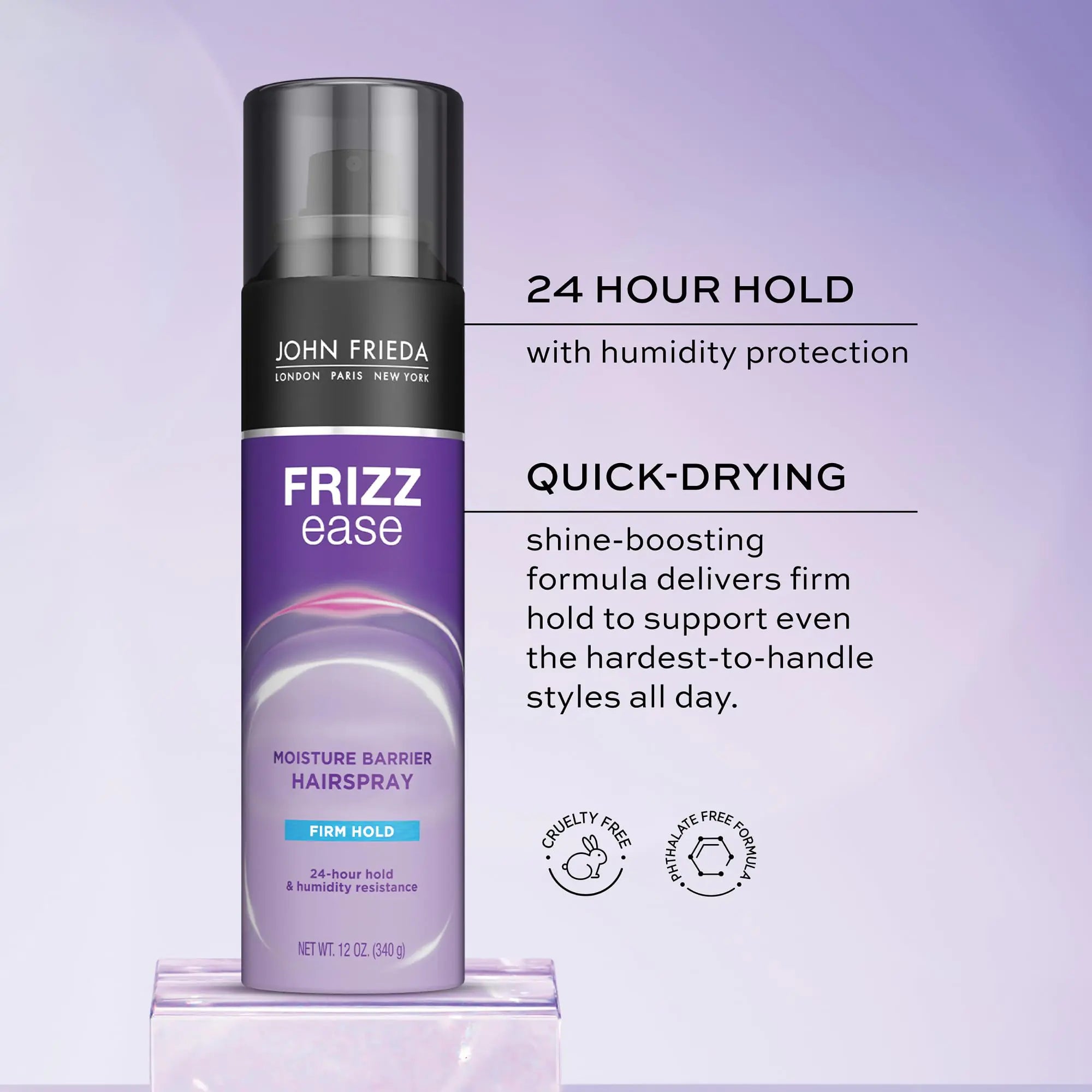 John Frieda Anti Frizz, Frizz Ease Firm Hold Hairspray, Spray antihumedad para el cabello, para una fijación de 24 horas, 12 oz, paquete de 2 12 onzas (paquete de 2) 