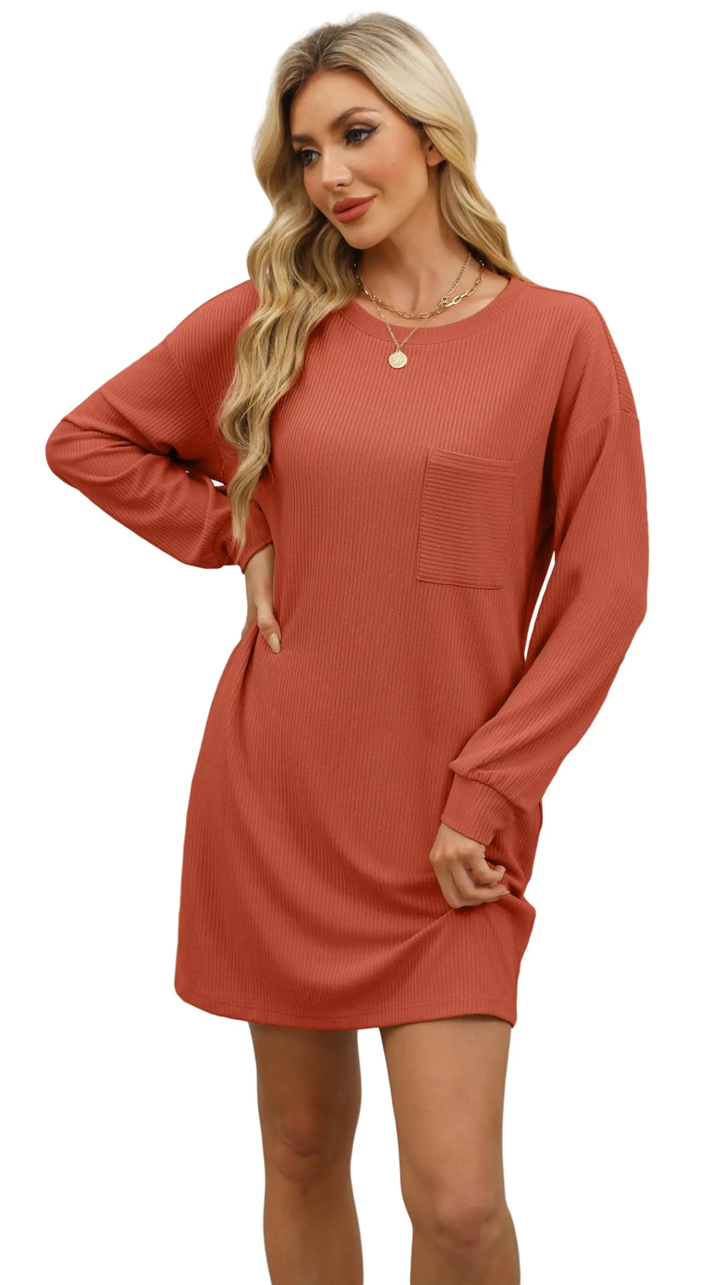 WIHOLL Robe à manches longues pour femme Coupe ample Col rond décontracté Mini robes fluides avec poches Mode automne 2024 Caramel Large