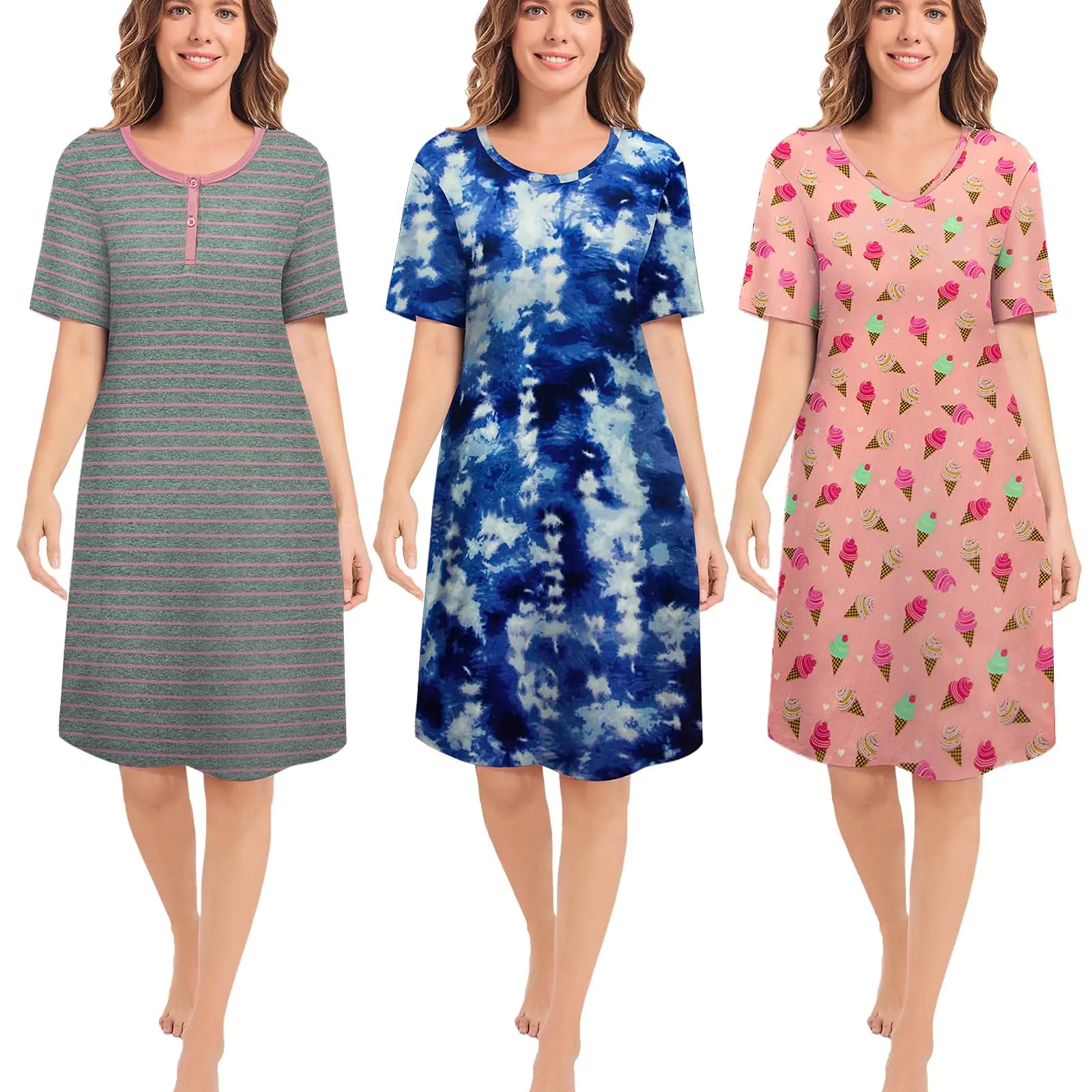 Paquete de 3 camisones para dormir para mujer, camisones suaves para mujer, vestido de manga corta, ropa de dormir (S-3X), más 1 juego de 3 