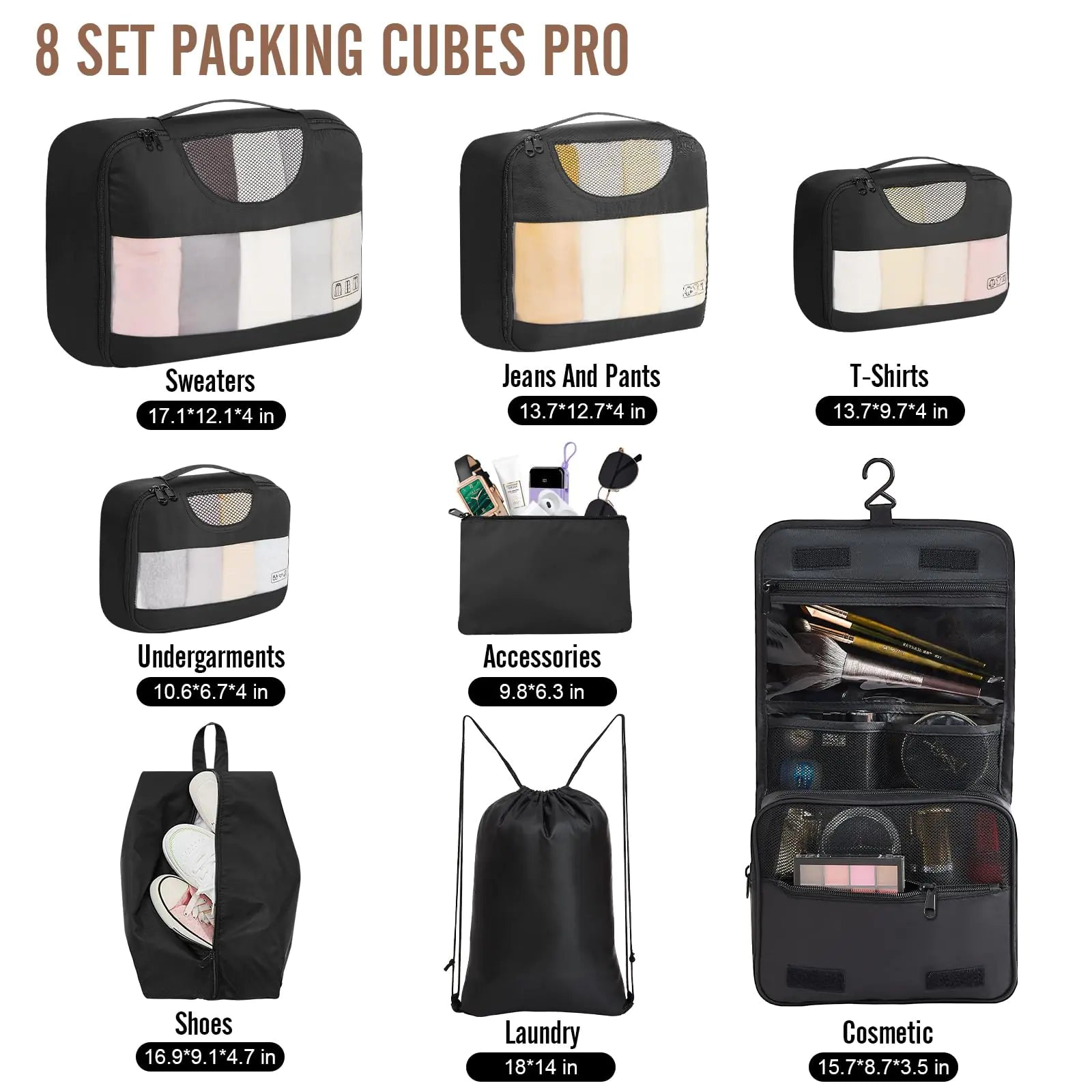 Veken 8-Piece Packing Cubes Set – Travel Bag Organizers for Suitcases & Carry-On Luggage - Vivareflex Online