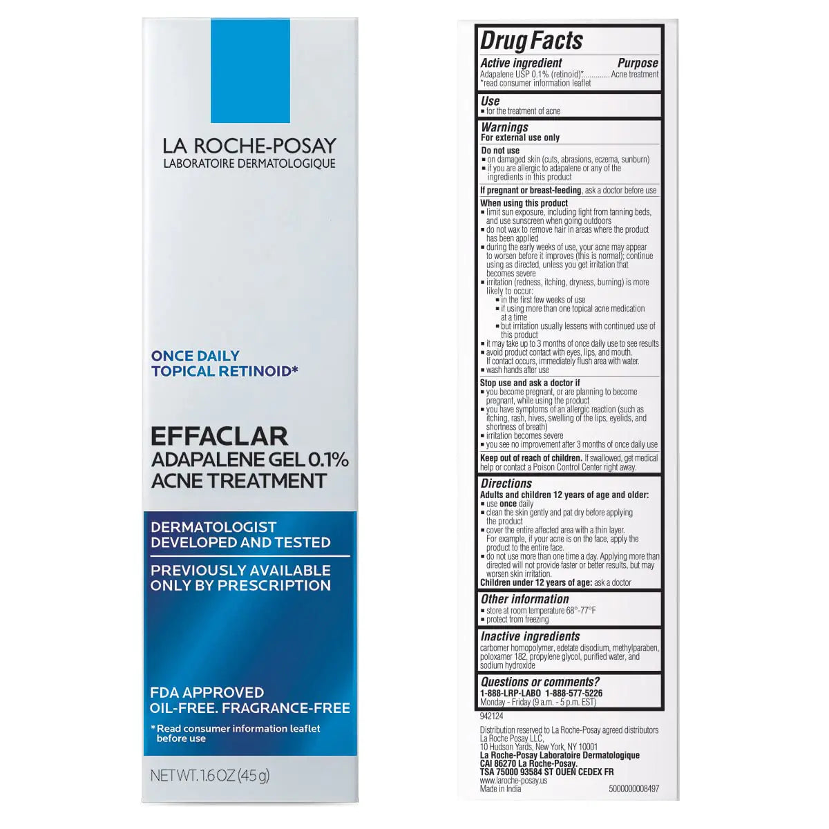 La Roche-Posay Effaclar Adapalene Gel 0.1% Acne Treatment - Retinoid Acne Cream for Clearer Skin