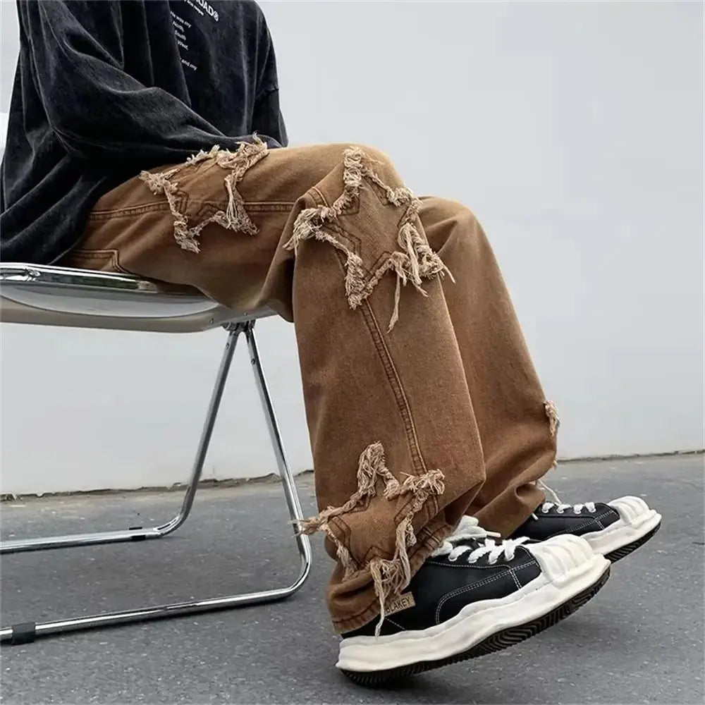 2022 New Fashion Stars Towel Embroidery Brown Baggy Men Jeans Pants Vivareflex Online