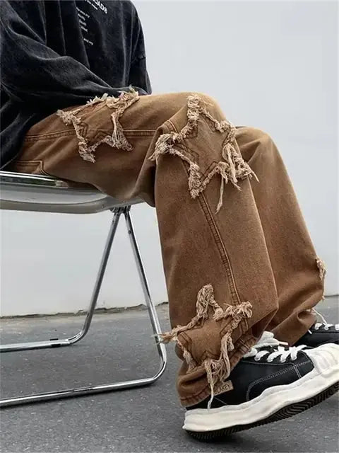 2022 New Fashion Stars Towel Embroidery Brown Baggy Men Jeans Pants Vivareflex Online
