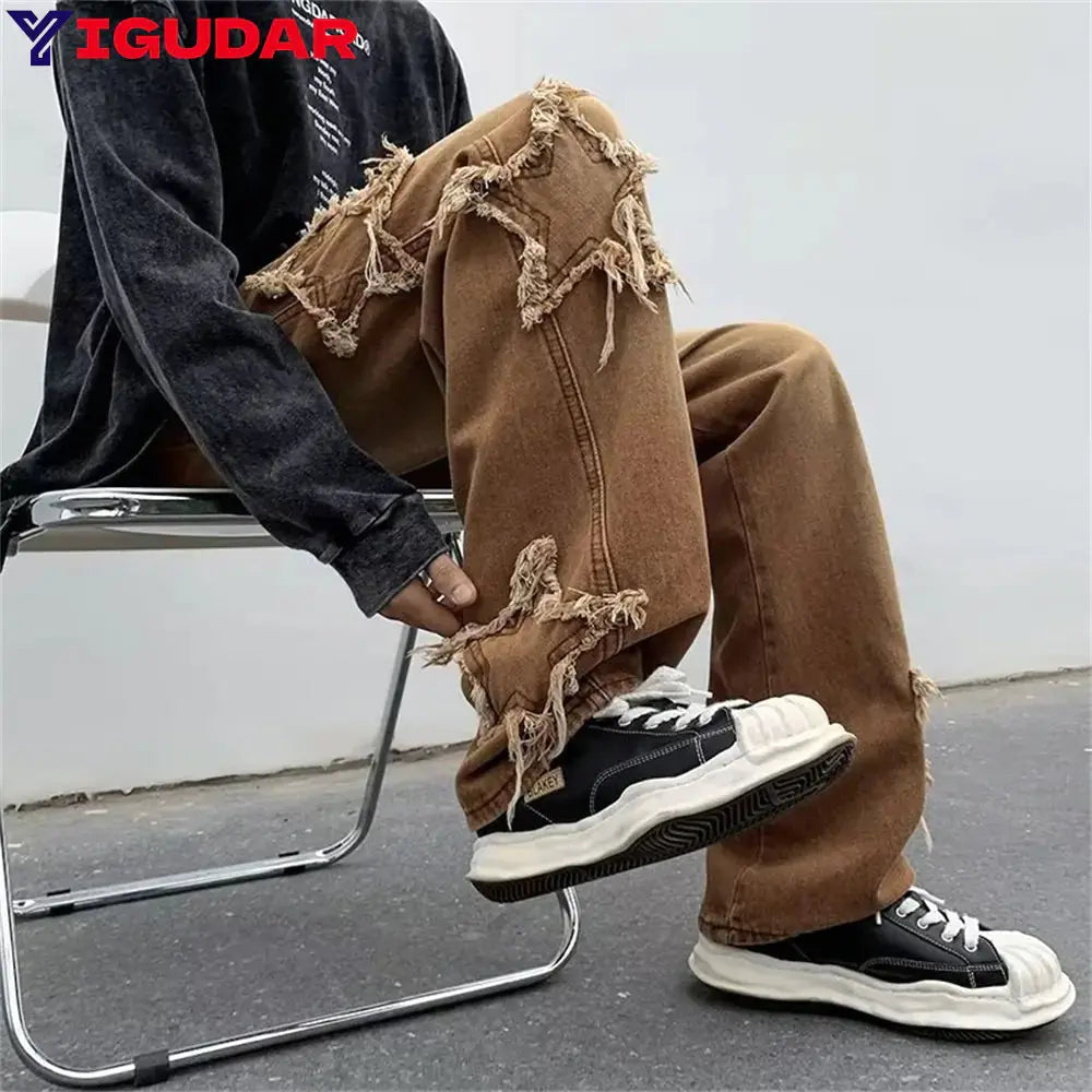 2022 New Fashion Stars Towel Embroidery Brown Baggy Men Jeans Pants Vivareflex Online