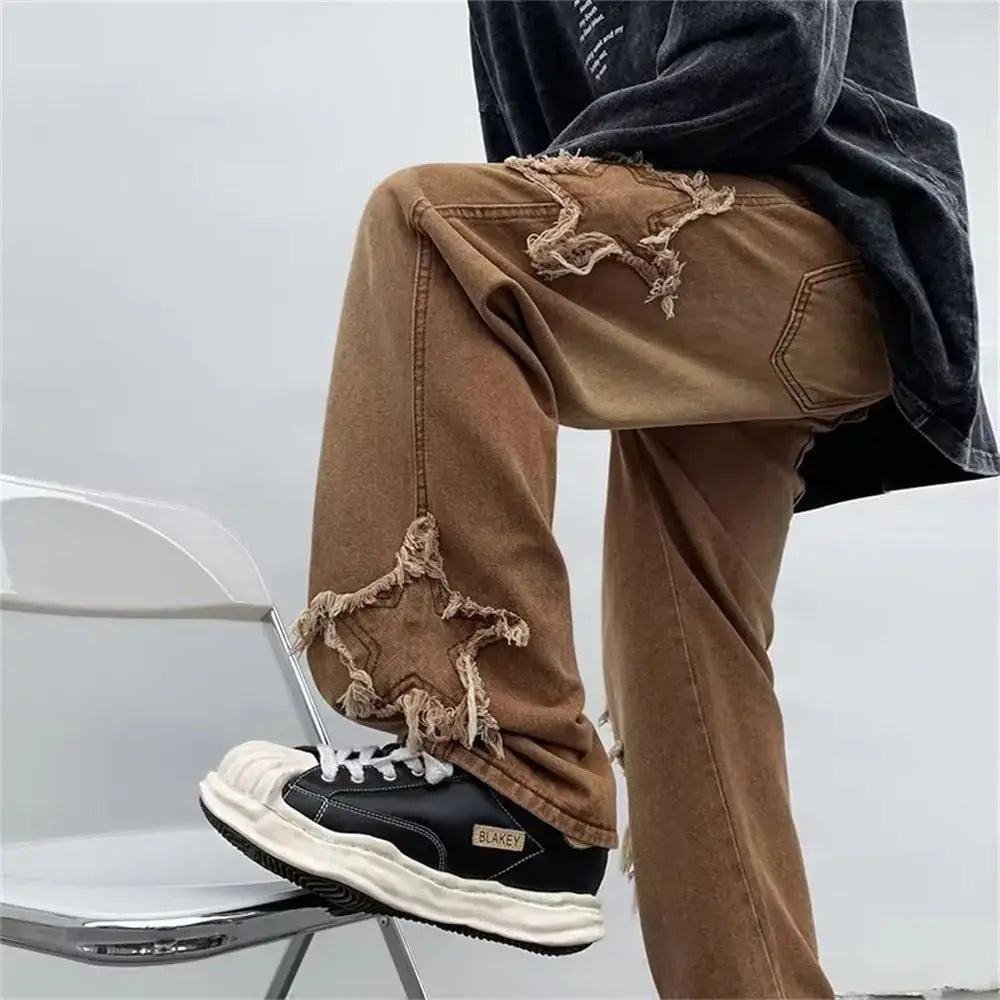 2022 New Fashion Stars Towel Embroidery Brown Baggy Men Jeans Pants Vivareflex Online