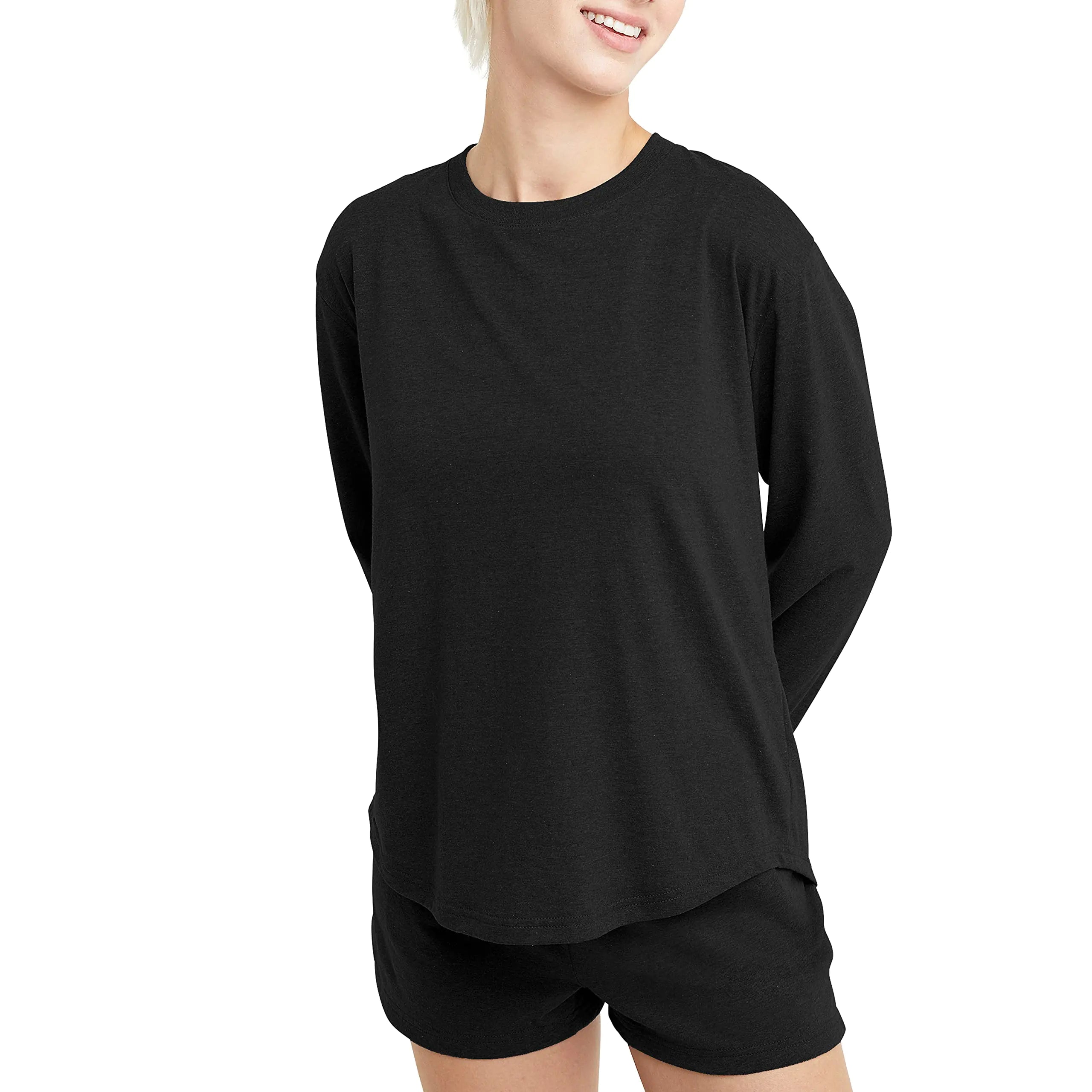 Camiseta de manga larga de mezcla de tres materiales Originals de Hanes para mujer, camiseta de cuello redondo para mujer, corte relajado, talla XS, color negro 