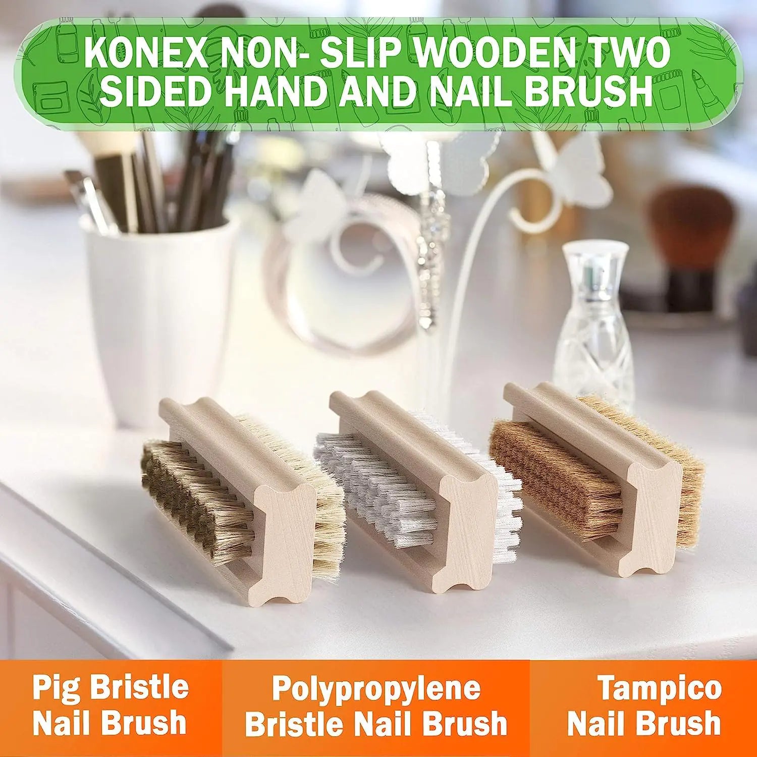 Konex Non-Slip Wooden Two-Sided Hand and Nail Brush - Stiff Bristle Fingernail Cleaner for Heavy Duty Use - Vivareflex Online