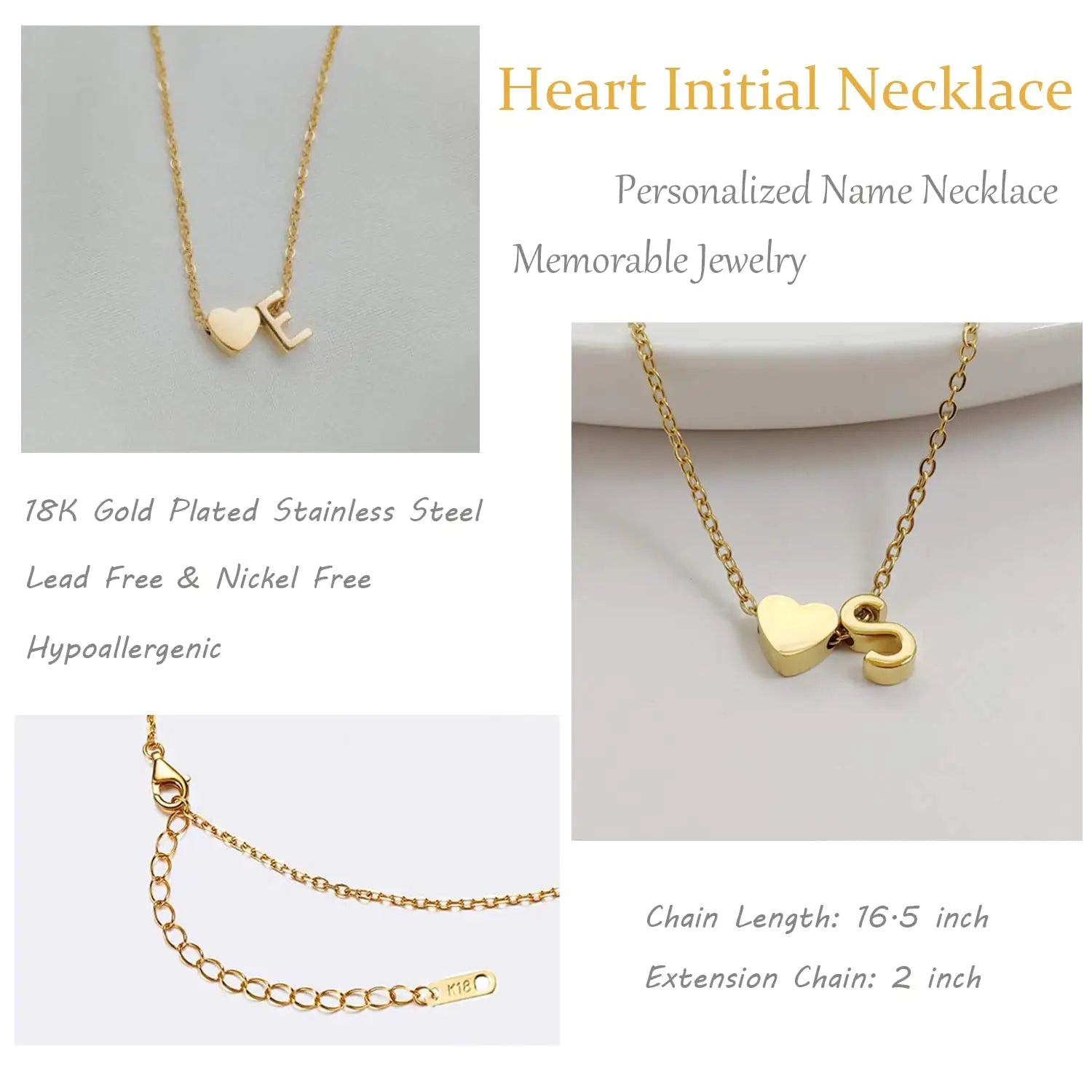 Collier initial en forme de cœur Glimmerst, collier en acier inoxydable plaqué or 18 carats avec petit cœur et monogramme personnalisé pour femme R