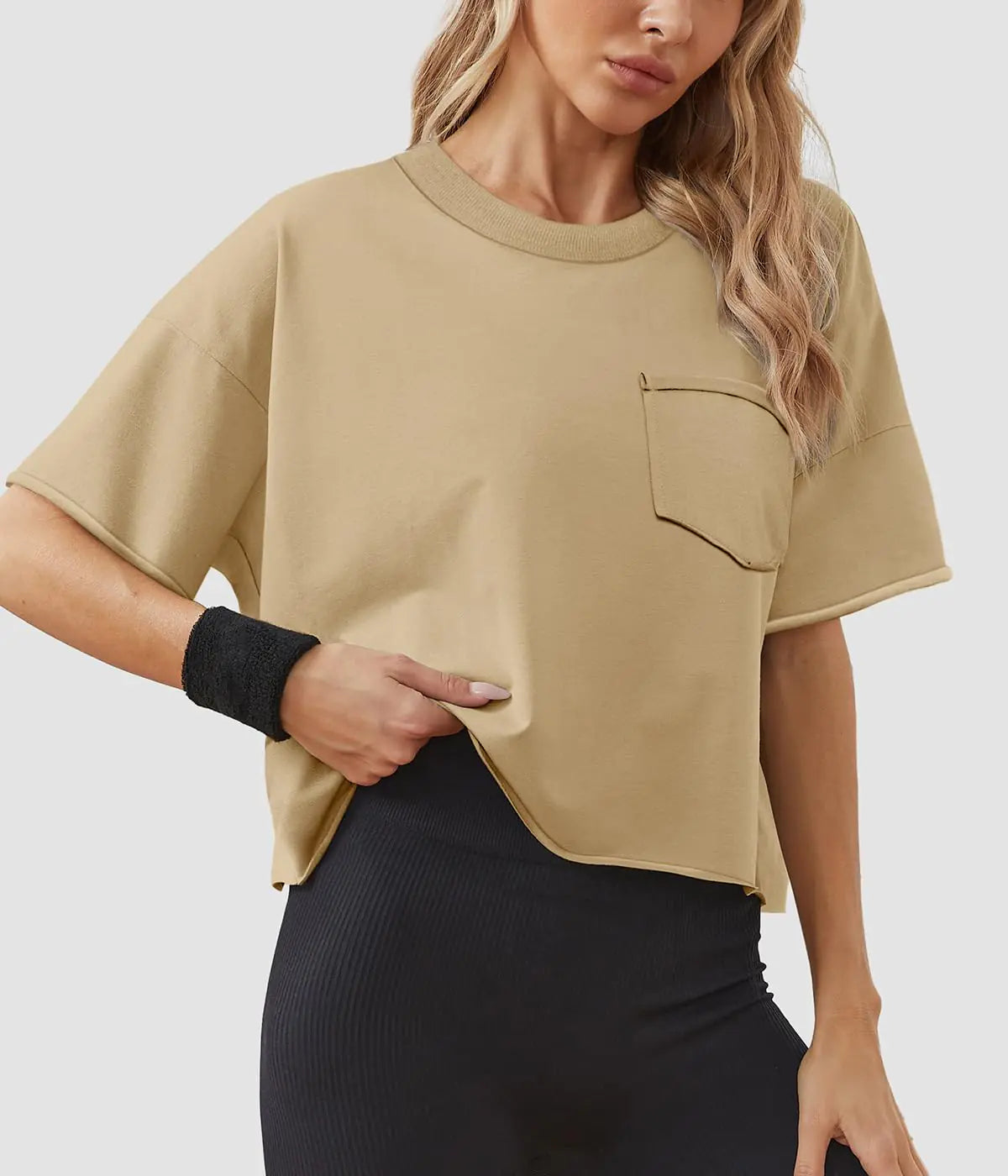 ATHMILE Womens Oversized T-Shirts Short Sleeve Workout Crop Tops Casual Drop Shoulder Boxy Roll Hem Basic Loose Tees Medium Lightkhaki