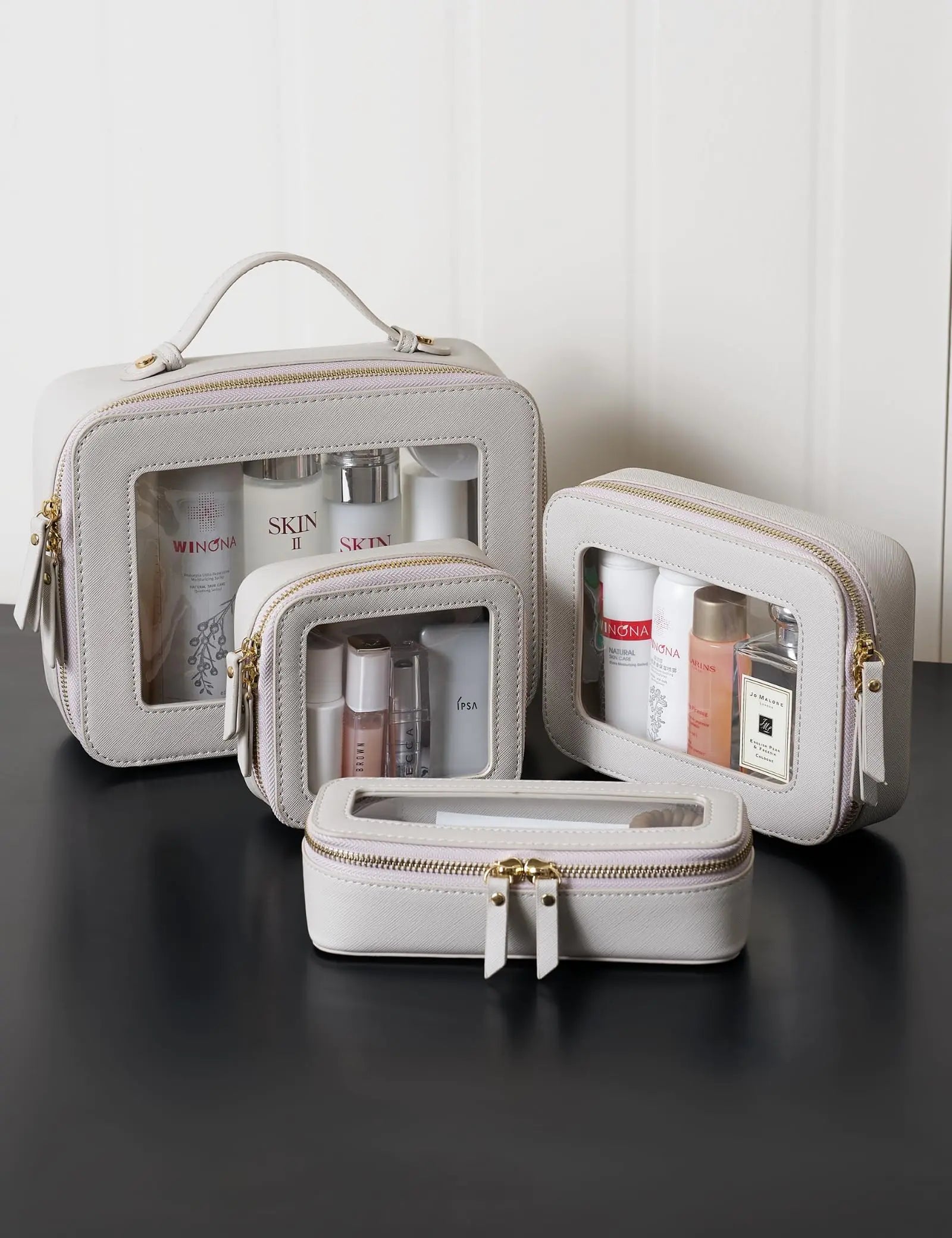 Popvibe - Neceser transparente para maquillaje, neceser de viaje, neceser transparente con cremallera, organizador de maquillaje portátil, bolso de viaje compacto para el coche para artículos esenciales, color beige, gris, mediano, Moda 