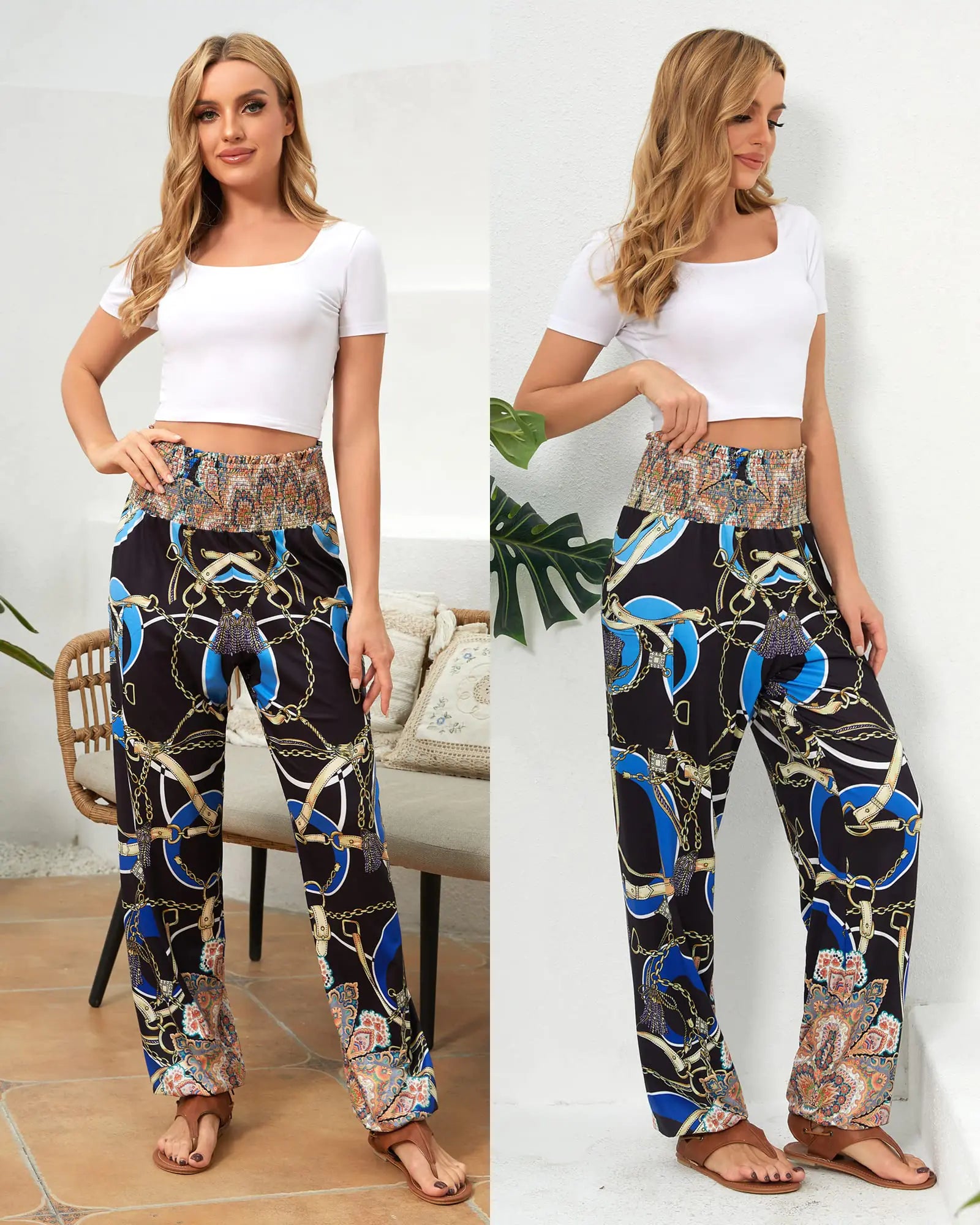 Pantalones harén para mujer QIANXIZHAN, pantalones bohemios de yoga de cintura alta con bolsillos y cadena grande azul 