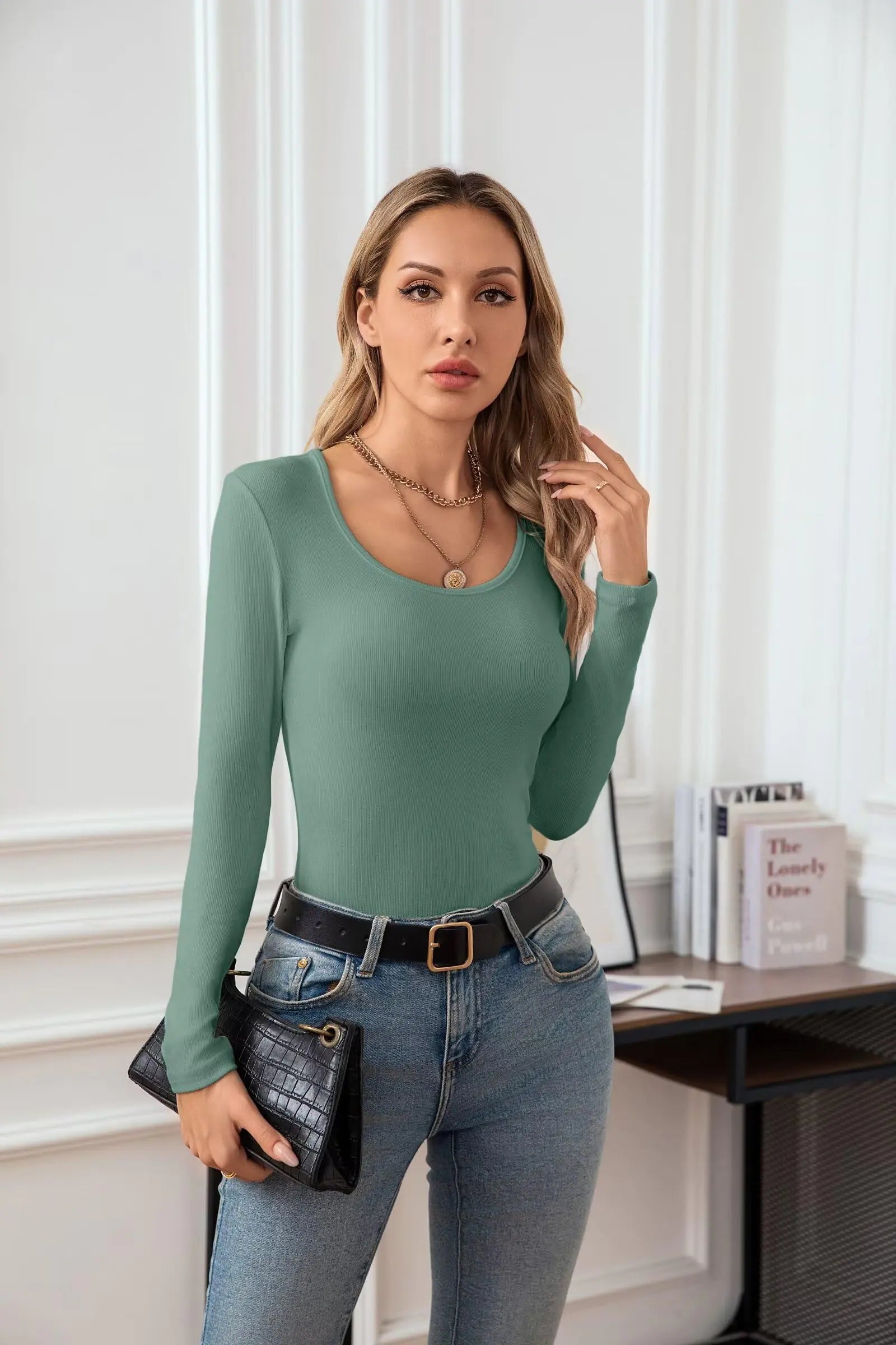 VICHYIE Summer Women's Scoop Neck Short Sleeve Shirts Ribbed Slim Fitted Casual Basic Top Blouses Long Sleeve Small Long-light Green