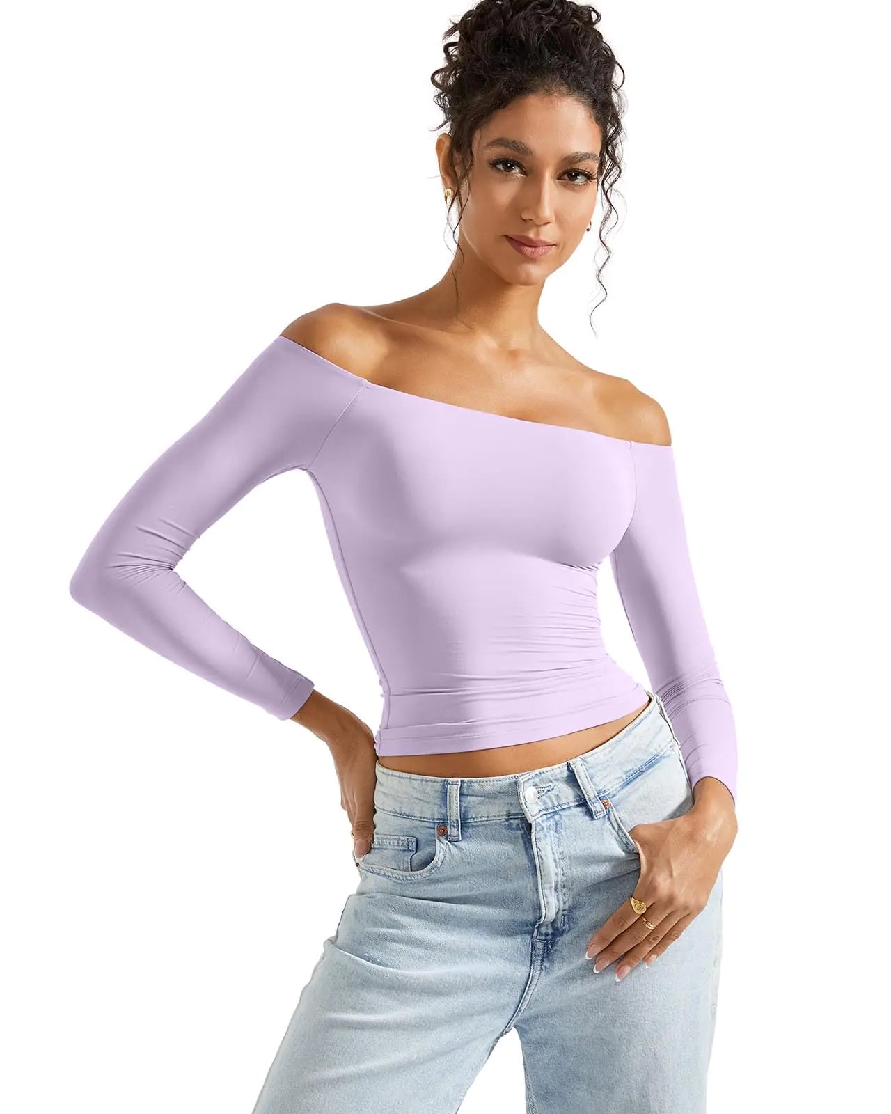 SUUKSESS Women Off Shoulder Double Lined Long Sleeve Shirts - X-Small Lilac - Vivareflex Online