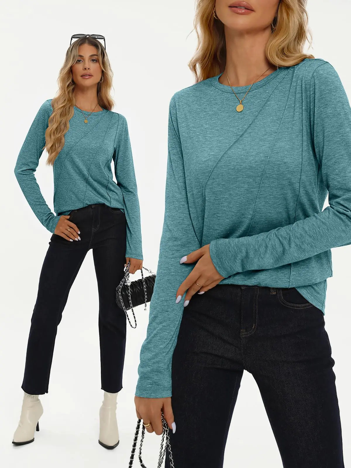 AUTOMET Womens Long Sleeve Shirts Pleated Crew Neck Casual Fall Fashion Tops - Vivareflex Online