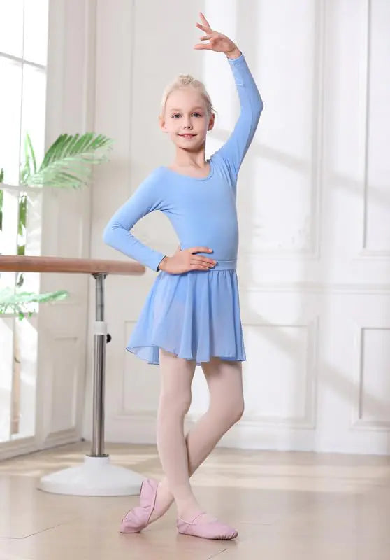 DIPUG Justaucorps de ballet pour filles avec jupe amovible Robe de danse à dos creux pour tout-petits Combo manches longues 10-12 ans Bleu-manches longues