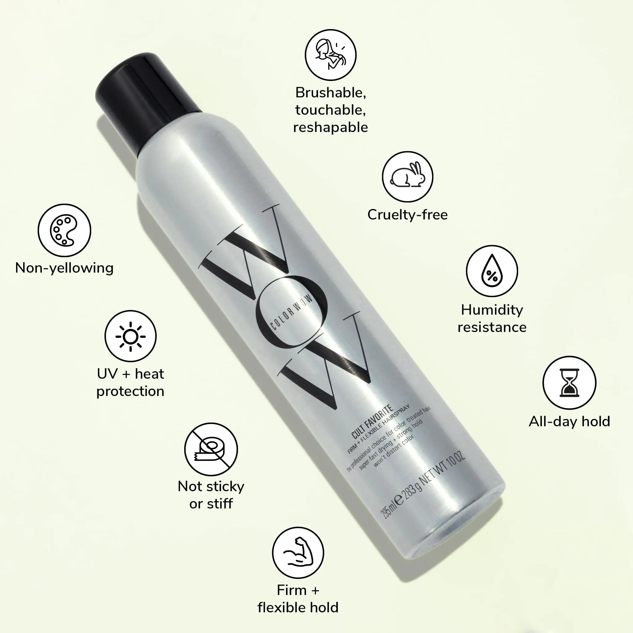 Laca para el cabello COLOR WOW Cult Favorite Firm + Flexible: spray ligero con fijación durante todo el día | Resistente a la humedad | Protección contra el calor y los rayos UV | No es rígida ni pegajosa | Se puede cepillar | No amarillea 