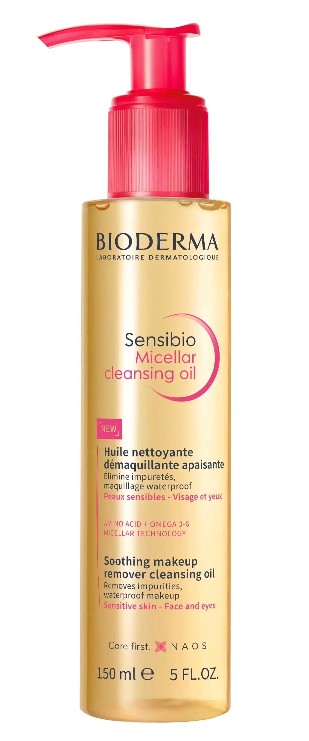 Aceite limpiador micelar Sensibio de Bioderma, el primer limpiador con aceite micelar ecobiológico que limpia profundamente, suaviza y nutre la piel con una textura de aceite a leche, sin fragancia y suave para la piel. 