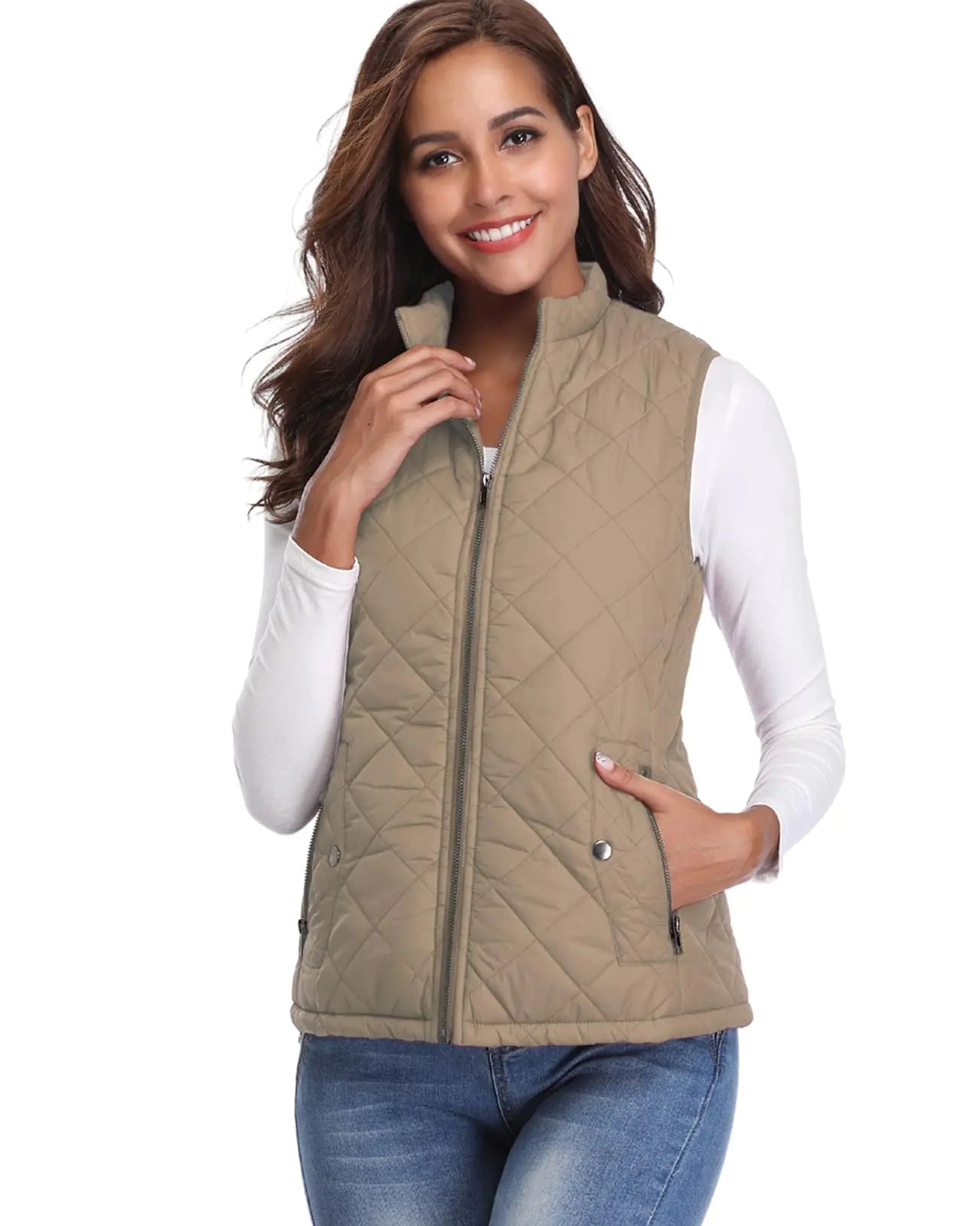 Fuinloth Women's Quilted Vest, Stand Collar Lightweight Zip Padded Gilet Small Khaki - Vivareflex Online