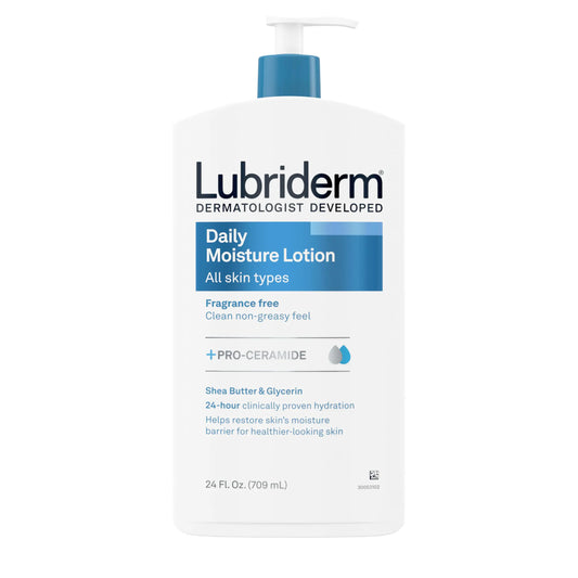 Lotion hydratante quotidienne sans parfum Lubriderm + pro-céramide, beurre de karité et glycérine, lotion pour le visage, les mains et le corps pour les peaux sensibles, lotion hydratante pour une peau d'apparence plus saine, 24 fl. oz