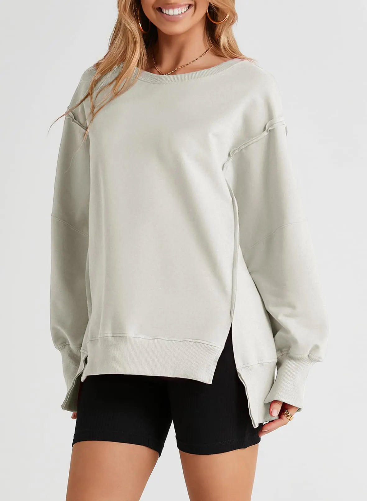 SHEWIN Sudadera de mujer de gran tamaño con costura inversa, informal, de manga larga, cuello redondo, ligera, sudaderas holgadas, XX-Large N gris 