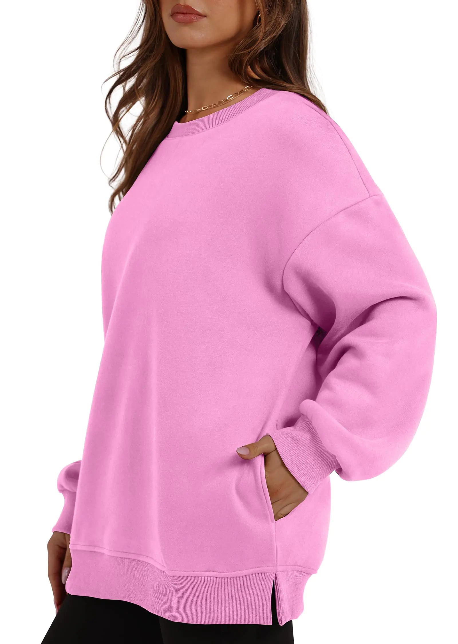 WIHOLL Sudaderas de gran tamaño para mujer, camisetas de cuello redondo y manga larga, jersey de polar, ropa de moda de otoño con bolsillo, rosa, XX-Large 