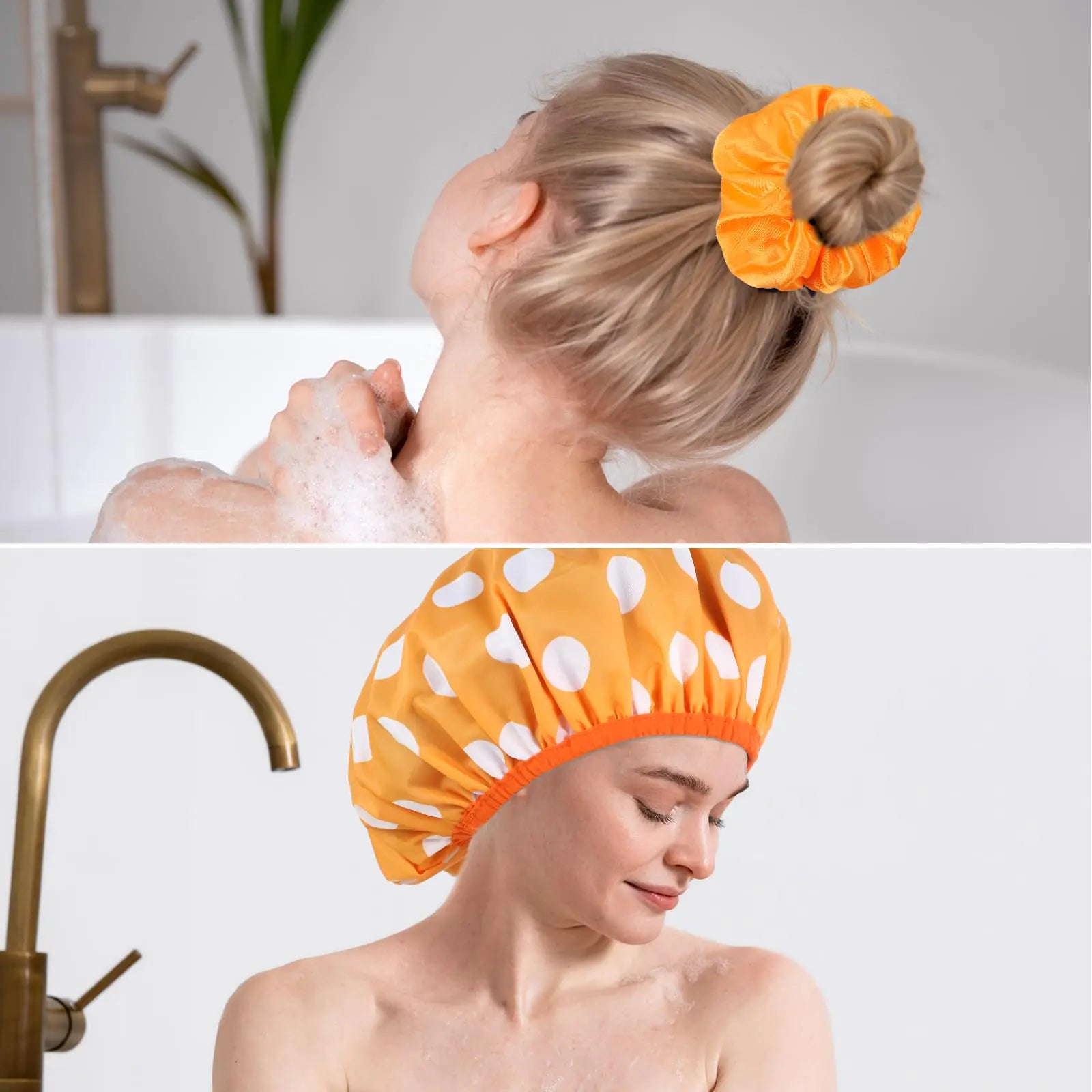 Lot de 2 grands bonnets de douche pour femmes, bonnets de bain imperméables réutilisables avec chouchous pour cheveux longs et épais (violet/orange) violet, orange