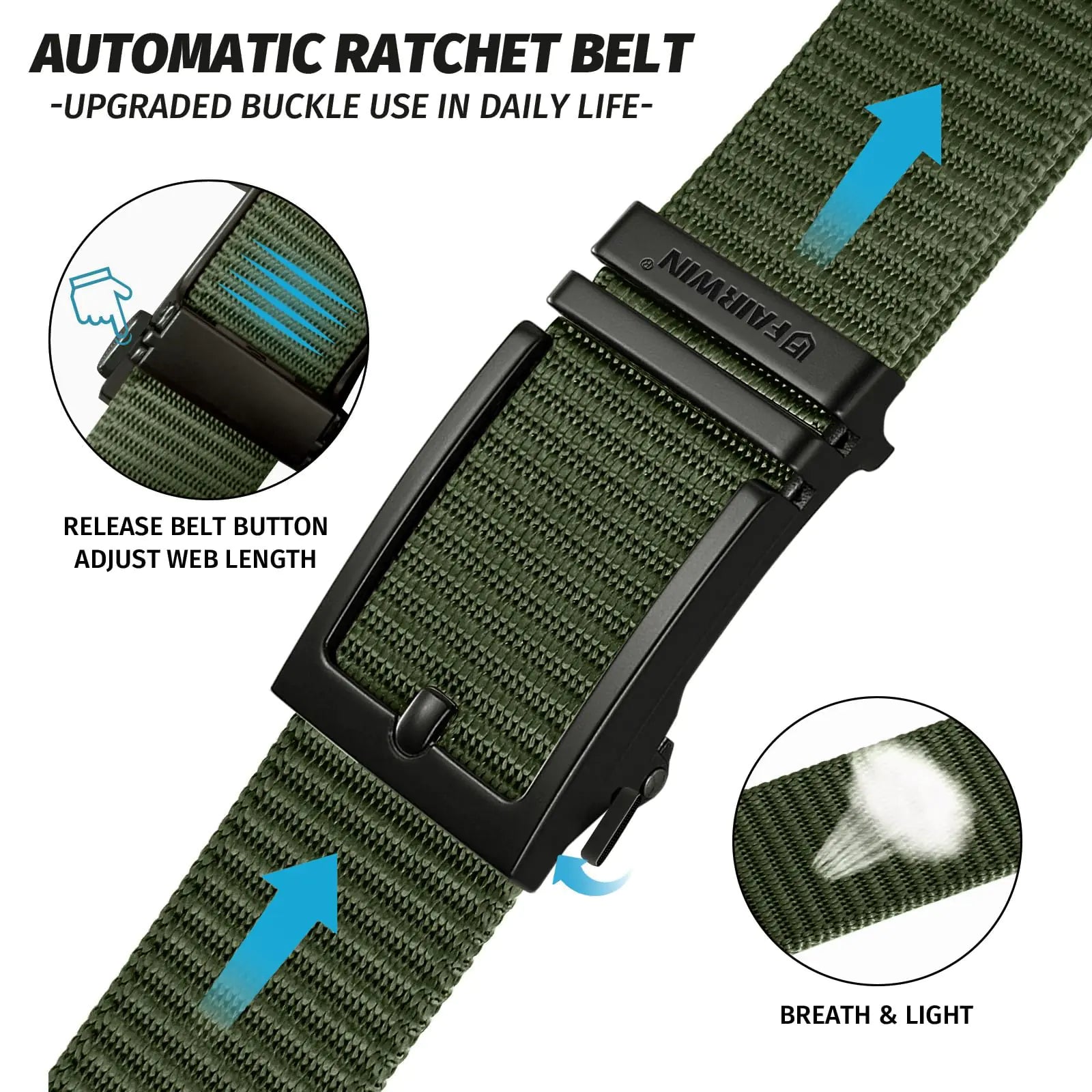 FAIRWIN Ratchet Belts Men Casual Golf Web Belt Jeans with Automatic Adjustable Buckle Tactical Nylon Mens Waist Belt Cloth Green M(37