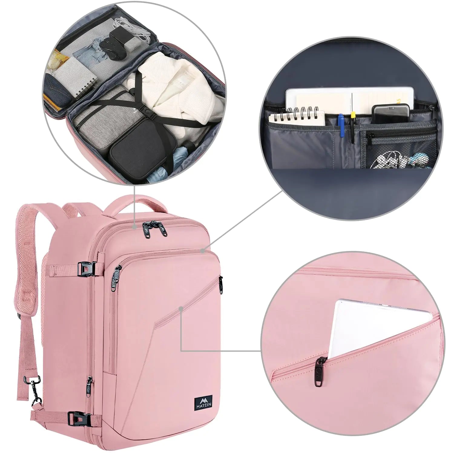 Mochila de viaje rosa MATEIN para mujer: mochila de fin de semana convertible de 35 l, expandible y aprobada por aerolíneas