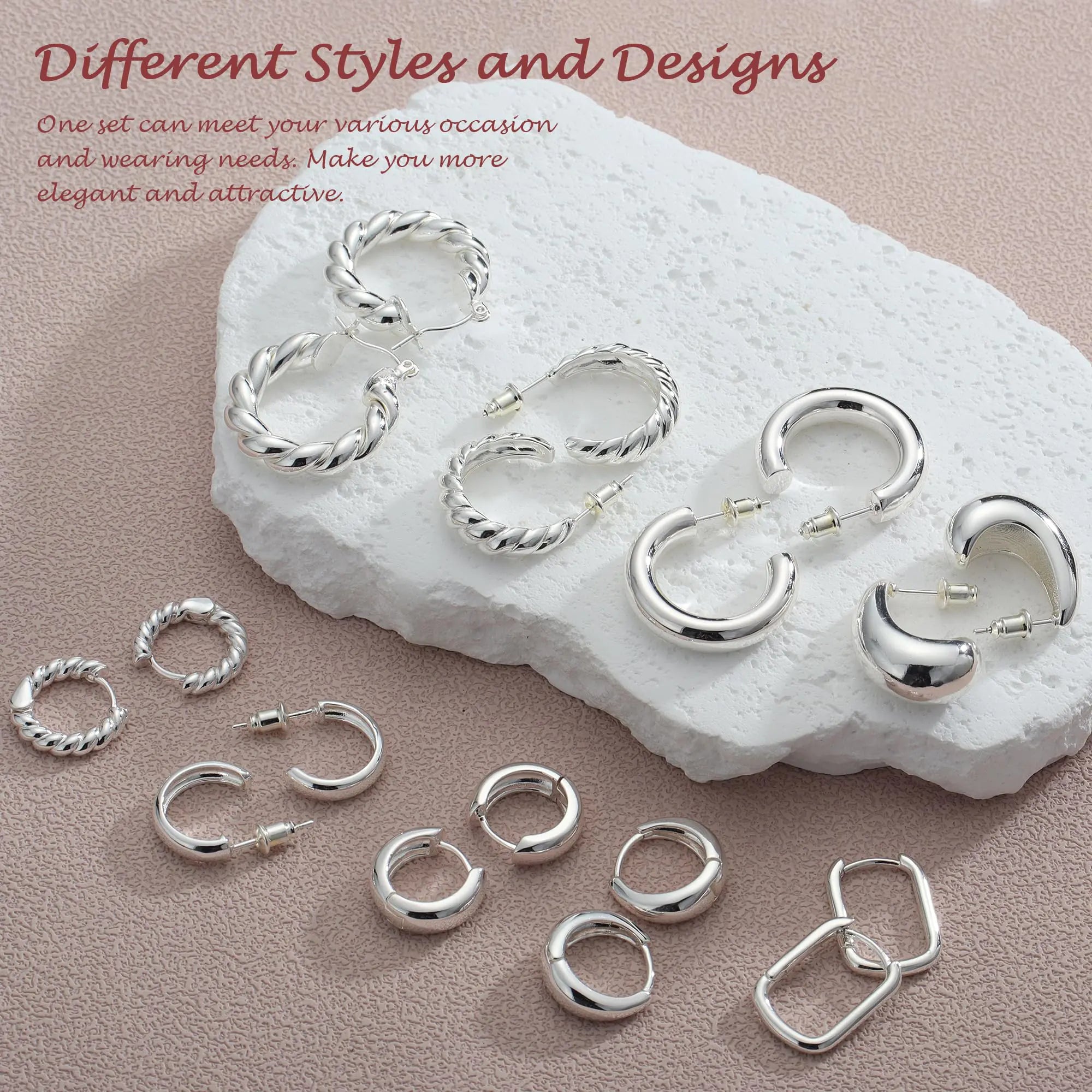 Lot de 9 paires de boucles d'oreilles créoles plaquées or/argent sterling/or rose pour femmes – Créoles épaisses et tendance