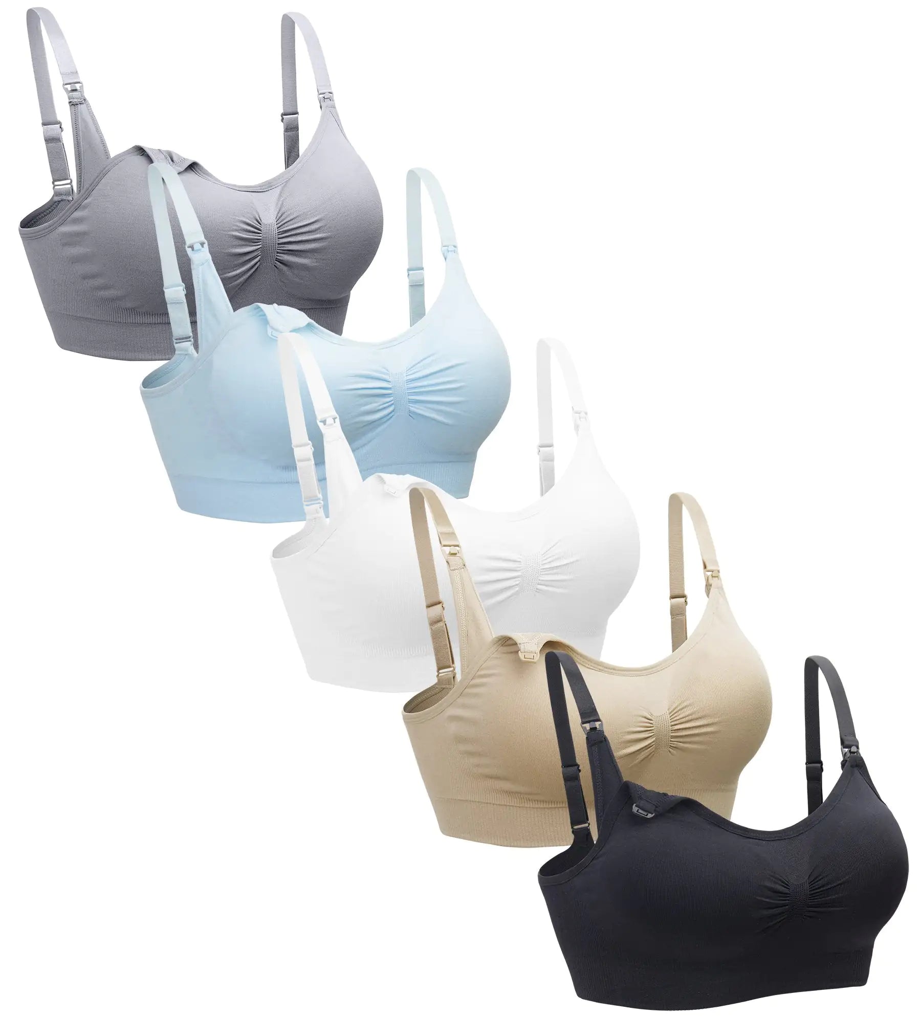 Suekaphin - Paquete de 5 sujetadores de lactancia sin aros para mujer, sujetador de maternidad para dormir, sujetador para lactancia, talla grande, negro, nude, gris, blanco y azul claro 