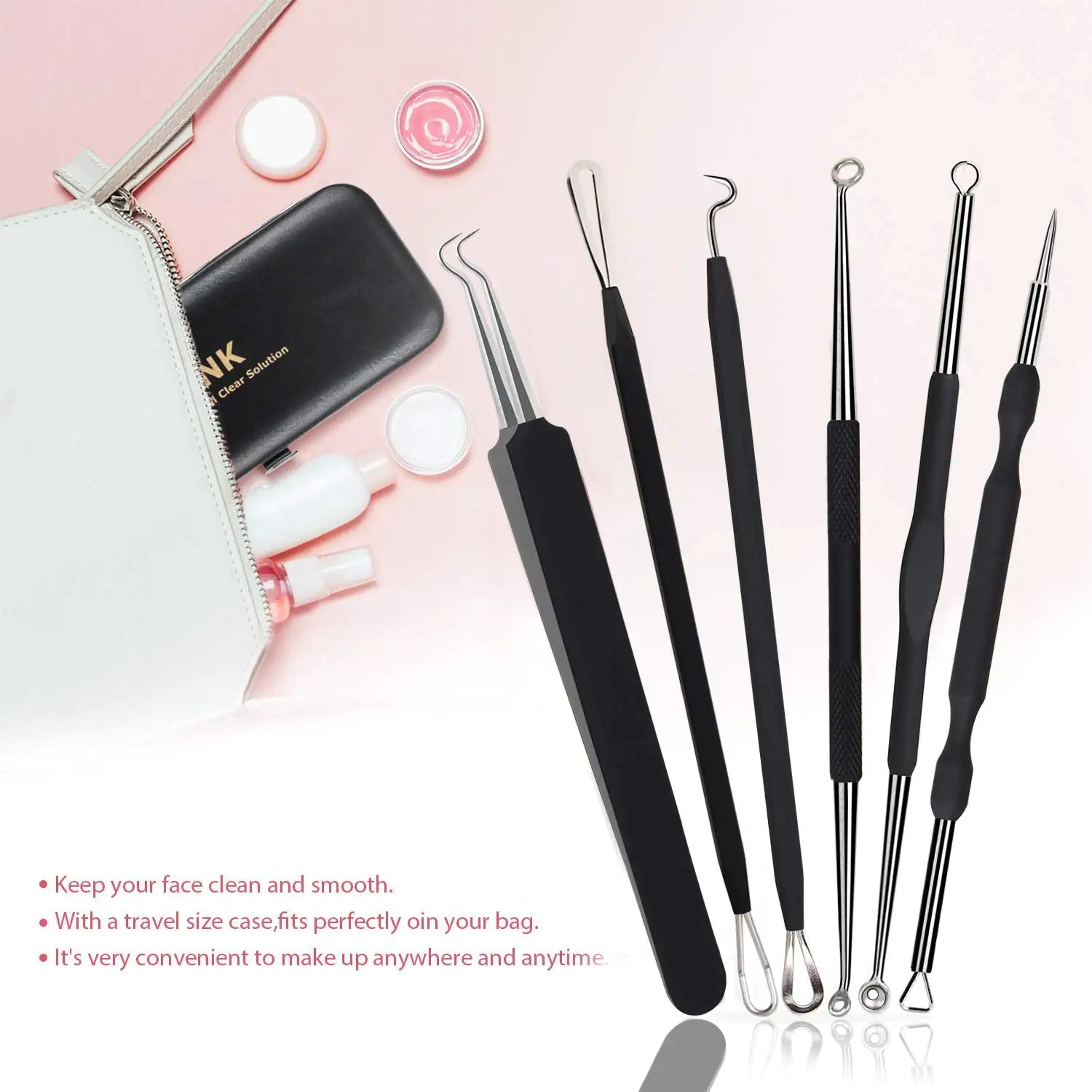 JPNK Blackhead Remover Tool Kit – 6 Pcs Acne & Zit Removal Kit with Leather Bag (Black) - Vivareflex Online