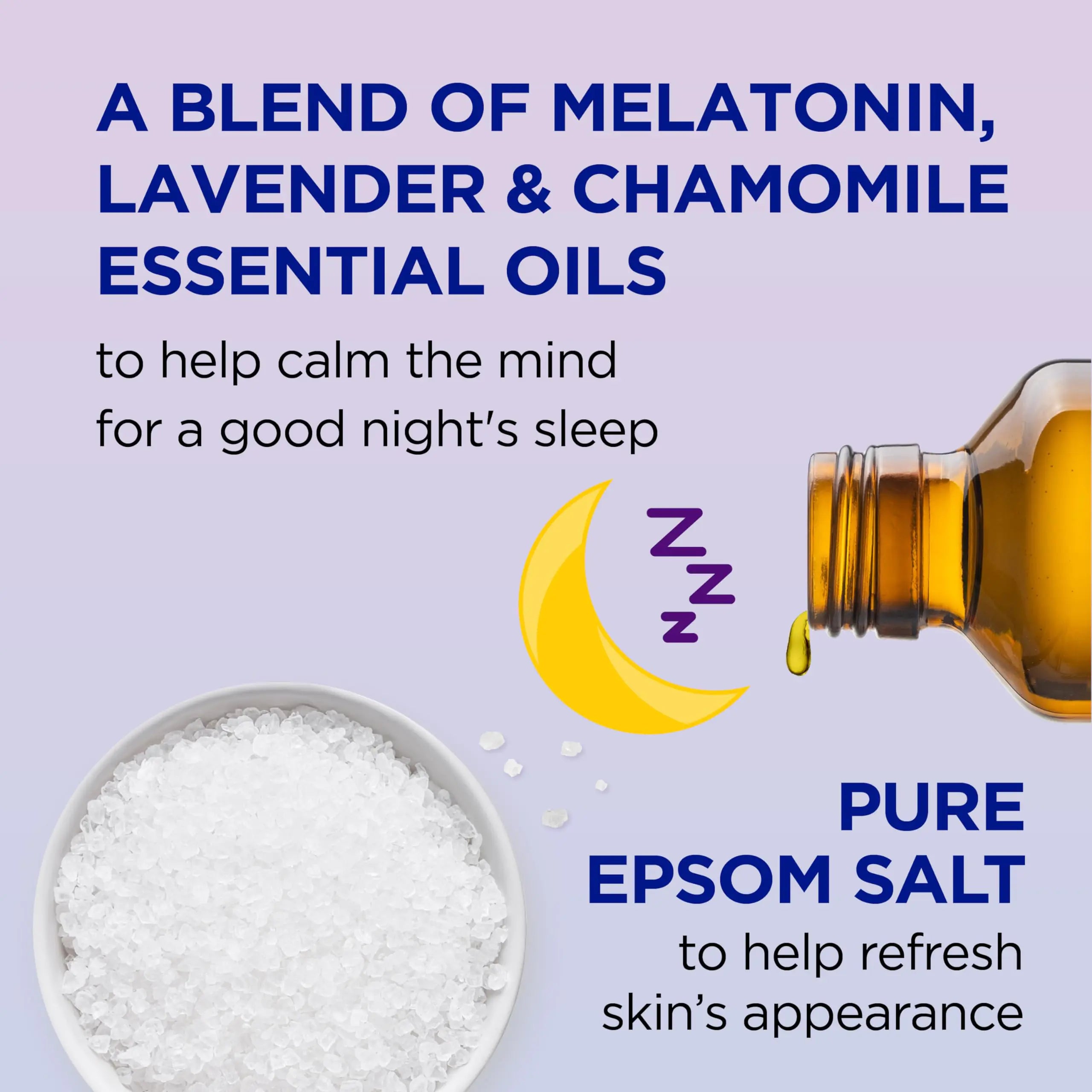 Baño espumoso con sal de Epsom pura del Dr. Teal, mezcla para dormir con melatonina, aceites esenciales de lavanda y manzanilla, 34 onzas líquidas (paquete de 4) (el empaque puede variar) 